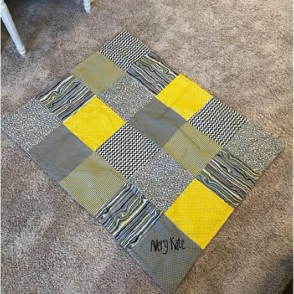 Trend Lab Yellow and Gray Patchwork Blanket with monogram Avery Kate